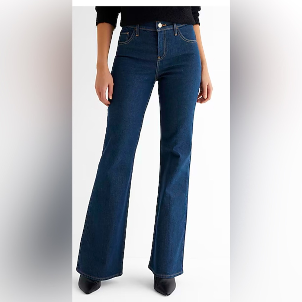 12 Long Express Mid Rise Dark Wash Back Center Seam 70s Flare Jeans
